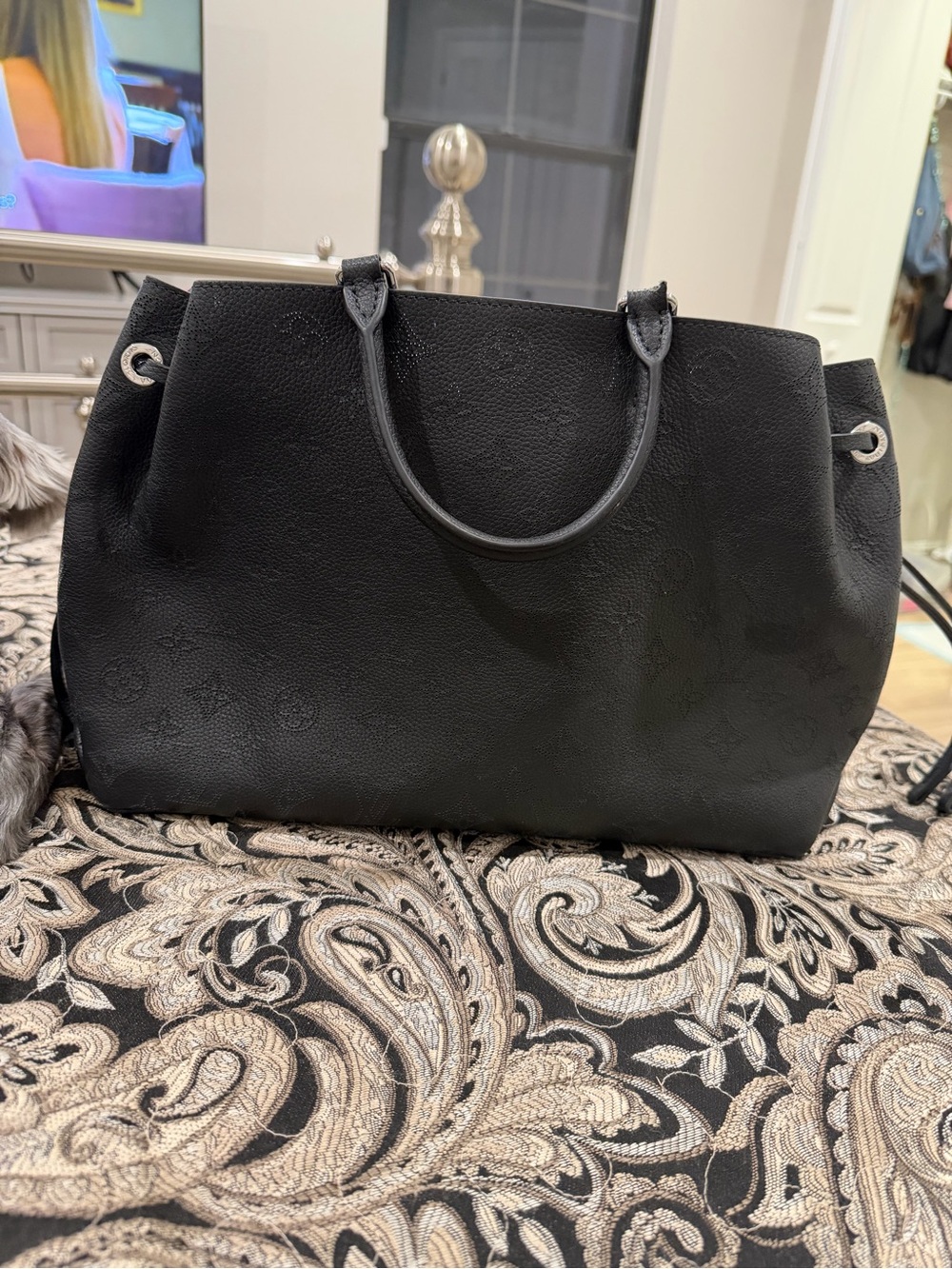 Louis Vuitton Black Leather Tote Bag with Subtle Monogram Texture